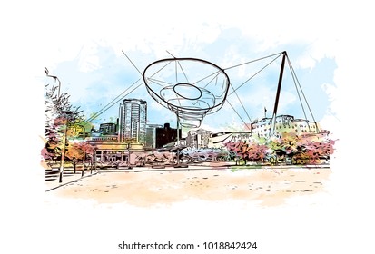 Phoenix City in Arizona, USA. Watercolor splash with Hand drawn sketch illustration in vector.