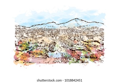 Phoenix City in Arizona, USA. Watercolor splash with Hand drawn sketch illustration in vector.