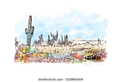 Phoenix City in Arizona, USA. Watercolor splash with Hand drawn sketch illustration in vector.