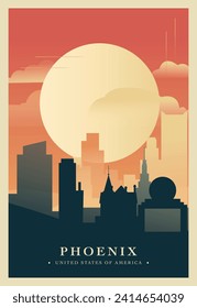 Phoenix city brutalism poster with abstract skyline, cityscape. USA Arizona state retro vector illustration. US travel front cover, brochure, flyer, leaflet, presentation template, layout image