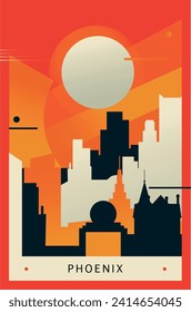 Phoenix city brutalism poster with abstract skyline, cityscape. USA Arizona state retro vector illustration. US travel front cover, brochure, flyer, leaflet, presentation template, layout image