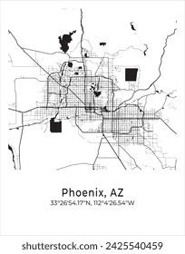 Stadtplan von Phoenix. Reiseposter Vektor-Illustration mit Koordinaten. Phoenix, Arizona, Vereinigte Staaten von Amerika Karte im Lichtmodus.