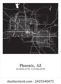 Stadtplan von Phoenix. Reiseposter Vektor-Illustration mit Koordinaten. Phoenix, Arizona, Vereinigte Staaten von Amerika Karte im dunklen Modus.