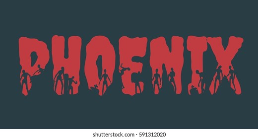 Phoenix city name and zombie silhouettes on them. Halloween theme background
