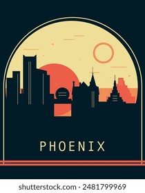 Afiche de estilo retro de la ciudad de Phoenix con horizonte, paisaje urbano. USA Ilustración vectorial vintage del estado de Arizona. Cubierta frontal de EE. UU., folleto, folleto, Plantilla de folleto, Imagen de diseño