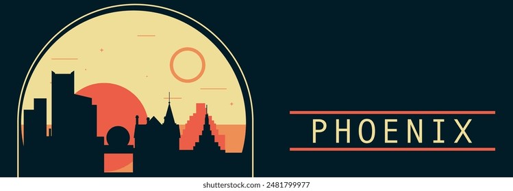 Anuncio de Vector de estilo retro de la ciudad de Phoenix con horizonte, paisaje urbano. EE.UU. Arizona vintage ilustración Horizontal. Diseño de viajes de los Estados Unidos de América para presentación de Web, encabezado, pie de página