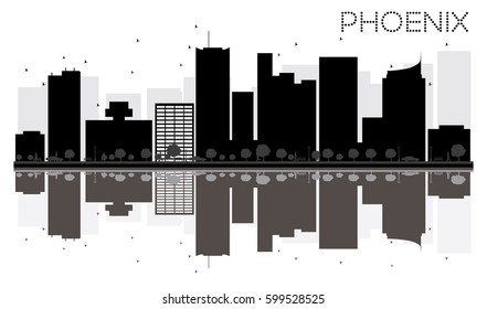 Phoenix City skyline black and white silhouette with reflections. Vector illustration. Simple flat concept for tourism presentation, banner, placard or web site. Cityscape with landmarks.