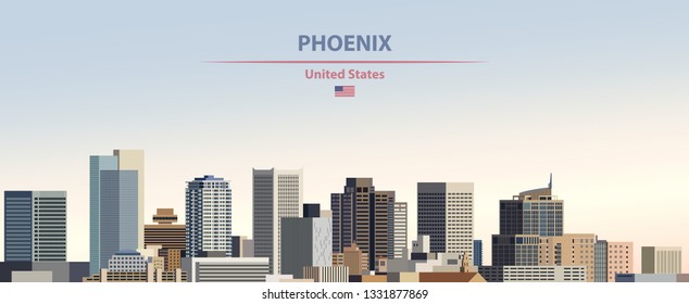 Phoenix city skyline on colorful gradient beautiful day sky background with flag of United States. Vector illustration