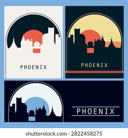 Phoenix city skyline poster pack with landmarks silhouette. Old travel graphics set for USA Arizona city. Minimalist buildings at sunset layout for social media, banners, travel guides