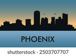 Phoenix. The city skyline. Silhouettes of buildings. The sunset of the day. Vector on a blue background