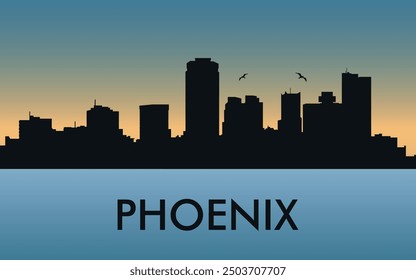 Phoenix. Die Skyline der Stadt Silhouetten von Gebäuden. Der Sonnenuntergang des Tages. Vektor auf blauem Hintergrund