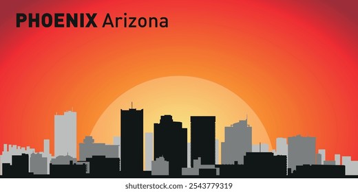 Horizonte de la ciudad de Phoenix con siluetas de edificios con el telón de fondo de un Grande sol amarillo y cielo naranja. Vector en el fondo de la puesta del sol