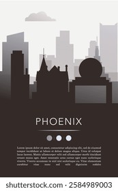 Phoenix city template for website, presentation, front page, invitation, publication sheet with skyline, landmarks. Vector Arizona state, USA image layout, simple and grayscale