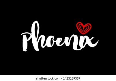 phoenix city text with red love heart design on black background for typographic logo icon design