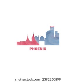 Phoenix city US watercolor cityscape skyline panorama vector flat modern logo icon. USA, Arizona state of America emblem with landmarks and building silhouettes. Isolated graphic