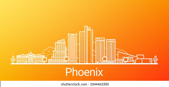 Phoenix city white line on colorful background. All Phoenix buildings - customizable objects with opacity mask, so you can simple change background. Line art.
