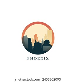 Phoenix cityscape, vector gradient badge, flat skyline logo, icon. USA, Arizona state city round emblem idea with landmarks and building silhouettes. Isolated abstract graphic