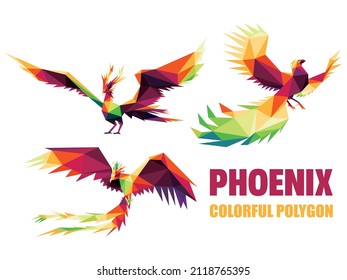 Conjunto De Polígonos Fénix Colorido. Logo De Flying Phoenix Colorful. Colección de dragón volador de popa baja. Logotipo de pájaro colorido