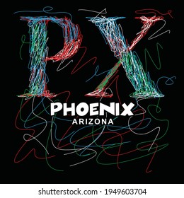 Phoenix colorful typography in scribble and chaotic sketch.Clothing,tee shirt,apparel and other uses.Vector illustration