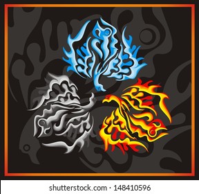 Phoenix concept - fire, water, ashes on a black background 