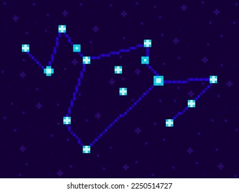 Phoenix constellation in pixel art style. 8-bit stars in the night sky in retro video game style. Cluster of stars and galaxies. Design for applications, banners and posters. Vector illustration