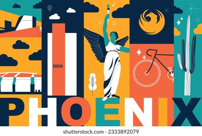 Phoenix culture travel set, American famous architectures, USA in flat design. Business travel and tourism concept clipart. Image for presentation, banner, website, advert, flyer, roadmap, icons
