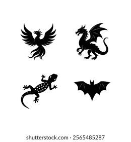 "Phoenix, Dragon, Lizard, and Bat Silhouettes Vector Illustration"

