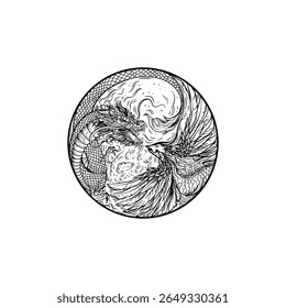 Phoenix Dragon Vector Logo Tattoo Illustration Hand-Drawn High Detail