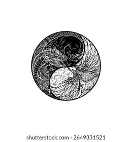 Dragão de Fênix em Yin Yang logotipo vetor tatuagem ilustração desenhado à mão. Alto detalhe preto e branco círculo Dragão