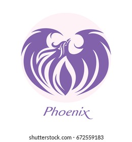 Phoenix Eagle Hawk Bird Logotype Sign Fantasy Lilac Monochrome Creature, vector illustration. Tribal tattoo.