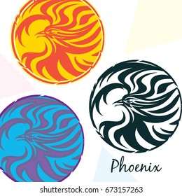 Phoenix Eagle Hawk Bird Logotype Trio. Sign Fantasy Red Blue Black Monochrome Creature, vector illustration. Tribal tattoo.