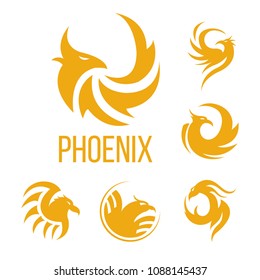 Phoenix fantasy bird and flame wings vector icons