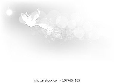 Phoenix, fantasy bird flying on blurry silver sky abstract background with stars and dust scatter shine sparkle vector illustration