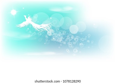 Phoenix, fantasy bird flying on blurry blue sky abstract background with stars and dust scatter shine sparkle vector illustration