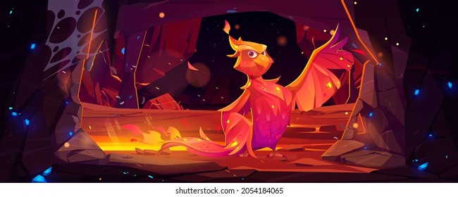 Phoenix or fenix fire bird cartoon character in underground cave with burning flame. Fantasy magic creature, fairytale folklore animal, symbol of immortality and reborn from ashes vector illustration