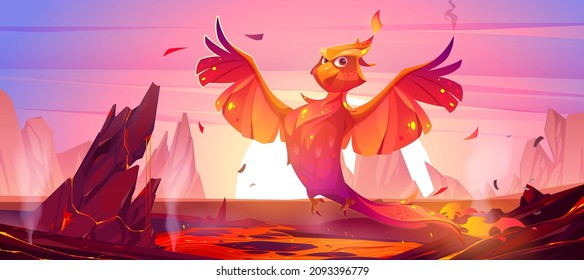 Phoenix or fenix fire bird cartoon character at volcanic landscape with lava and sunrise. Fantasy magic creature with red burning plumage. Fairytale animal, symbol of reborn, Vector illustration