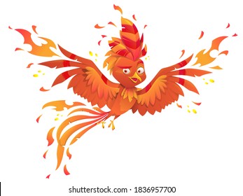 Phoenix or fenix fire bird on white background. Burning fiery bird isolated  mascot logo design. Fairytale animal, symbol of immortality and reborn from ashes. Vector illustration
