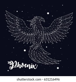 Phoenix, fire and ashes, mystic bird, constellation, space, stars, vector