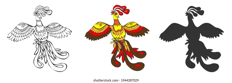 Phoenix, Fire bird or Fenghuang fabulous character. 
A mythical fiery peacock flying with fluffy feathers. Hand drawn design isolated on a white background with its silhouette and outline.