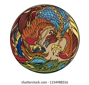 Phoenix Fire bird illustration and character design in circle.Hand drawn Phoenix tattoo Japanese and Chinese style,Legend of the Firebird is Russian fairy tales, it is creature from Slavic folklore.