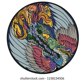 Phoenix Fire bird illustration and character design in circle.Hand drawn Phoenix tattoo Japanese and Chinese style,Legend of the Firebird is Russian fairy tales, it is creature from Slavic folklore.