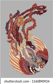 Phoenix Fire bird illustration and character design in circle.Hand drawn Phoenix tattoo Japanese and Chinese style,Legend of the Firebird is Russian fairy tales, it is creature from Slavic folklore.