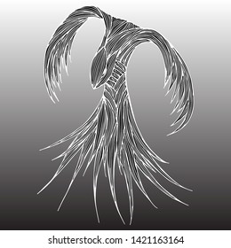 Phoenix Fire bird illustration and character design. Phoenix fire bird isolated on gray background. Japanese animal tattoo design. Hand drawn outline vector illustration.
