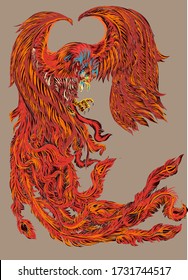 Phoenix Fire bird illustration and character design.Hand drawn Phoenix tattoo Japanese and Chinese style,Legend of the Firebird is Russian fairy tales and it is creature from Slavic folklore.