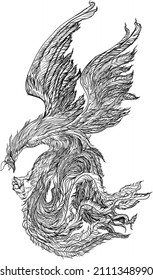 Phoenix Fire bird illustration and character design.Hand drawn Phoenix tattoo Japanese and Chinese style,Legend of the Firebird is Russian fairy tales and it is creature from Slavic folklore.