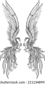 Phoenix Fire bird illustration and character design.Hand drawn Phoenix tattoo Japanese and Chinese style,Legend of the Firebird is Russian fairy tales and it is creature from Slavic folklore.