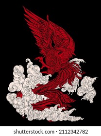 Phoenix Fire bird illustration and character design.Hand drawn Phoenix tattoo Japanese and Chinese style,Legend of the Firebird is Russian fairy tales and it is creature from Slavic folklore.