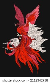 Phoenix Fire bird illustration and character design.Hand drawn Phoenix tattoo Japanese and Chinese style,Legend of the Firebird is Russian fairy tales and it is creature from Slavic folklore.