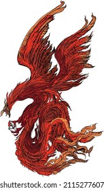 Phoenix Fire bird illustration and character design.Hand drawn Phoenix tattoo Japanese and Chinese style,Legend of the Firebird is Russian fairy tales and it is creature from Slavic folklore.