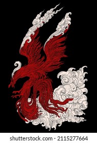 Phoenix Fire bird illustration and character design.Hand drawn Phoenix tattoo Japanese and Chinese style,Legend of the Firebird is Russian fairy tales and it is creature from Slavic folklore.